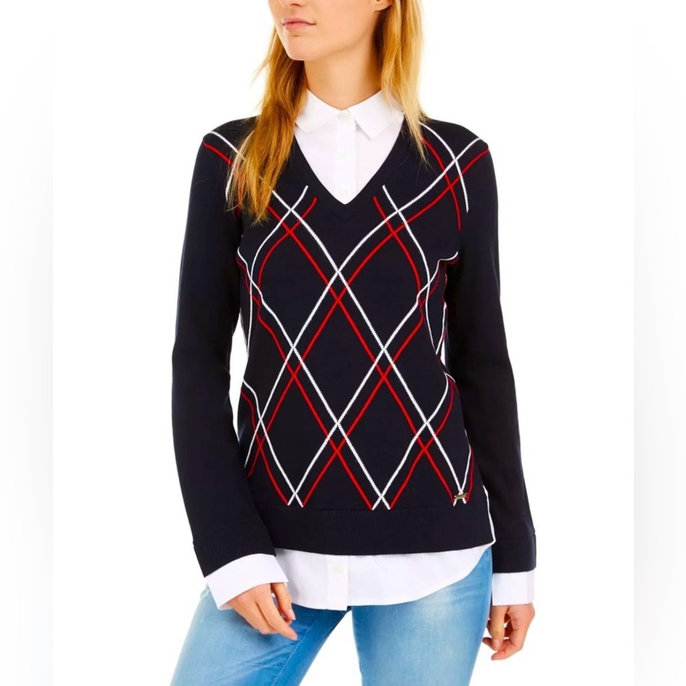 Tommy Hilfiger Women's V-Neck Black Red White Cotton Layered Look Sweater  Large